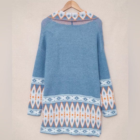 Cardigan Aztec Sweater ~ Long Sleeve Tribal Print Wool Knit Open Front in Blue - Picture 4 of 16